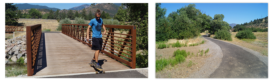 crossing the bridge on a longboard