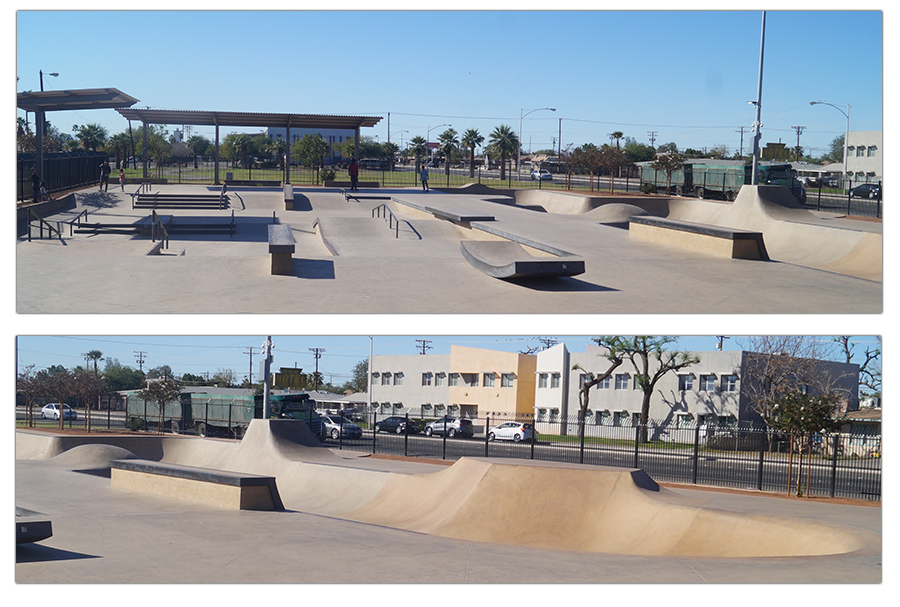 Obstacles on the street side of the skatepark and the large bowl at Sidewinder Skate Park