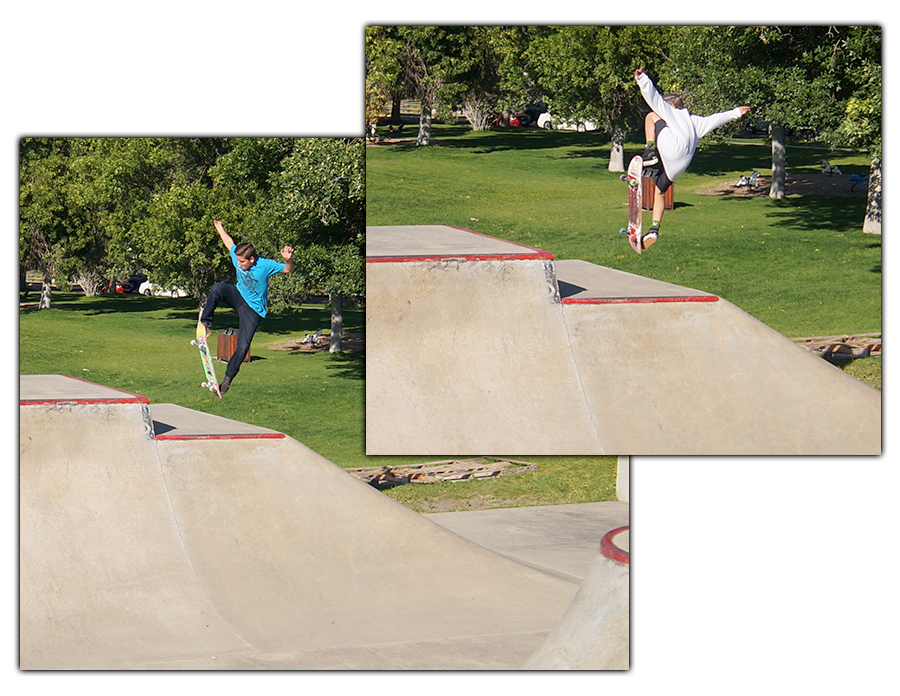 two boarders clearing the gap at bozeman skatepark