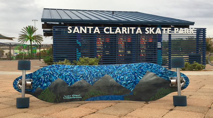 lost coast longboarding board at santa clarita skatepark entrance