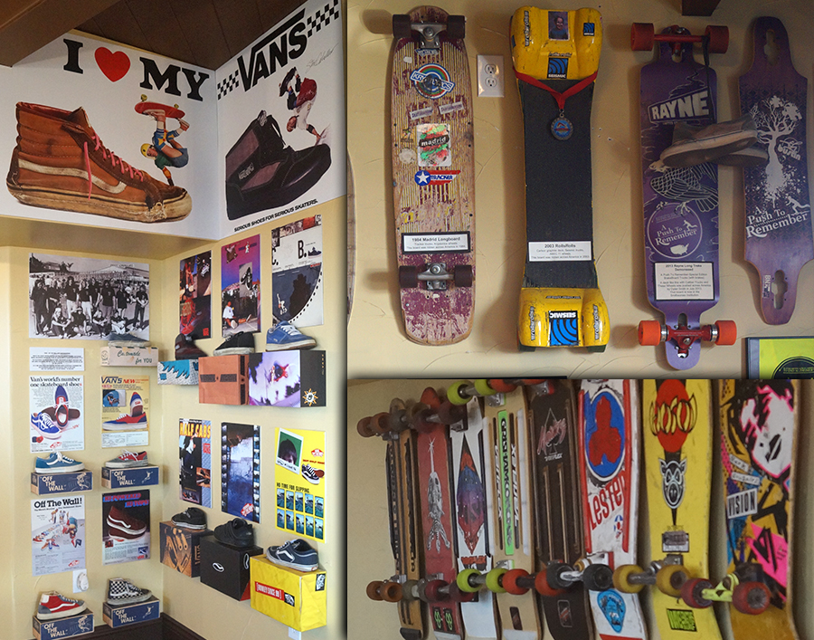 shoes and boards on display at morro bay skateboard museum