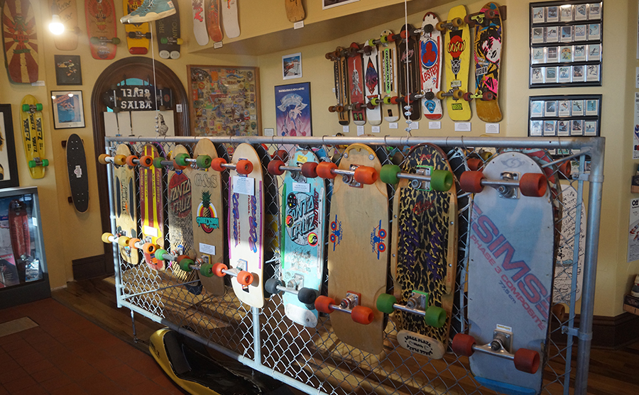 skateboards on display at morro bay skateboard museum
