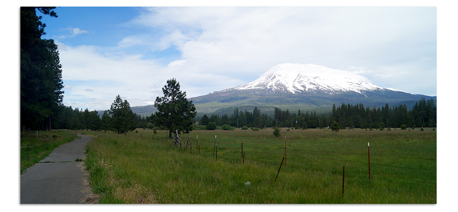 paved path with views of mount shasta