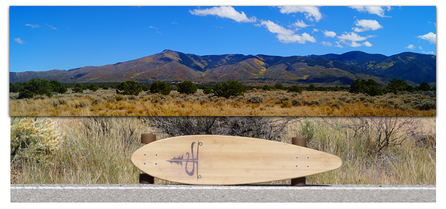 longboard in front of the carson national forest