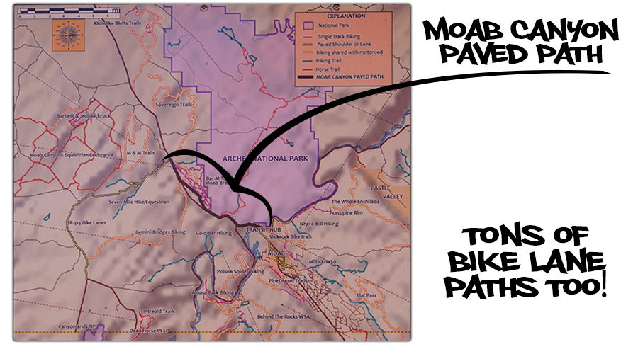 map of moab canyon paved path and nearby trails