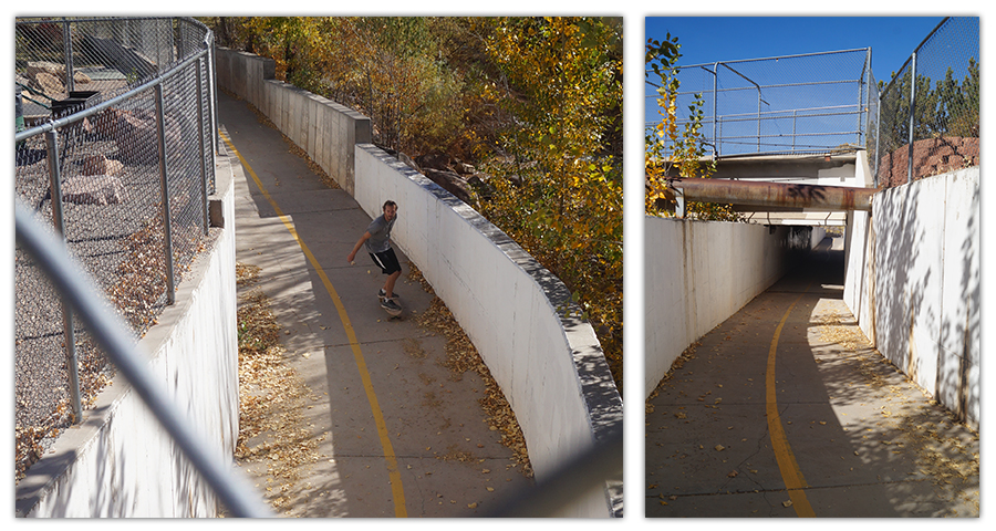 longboarder following trail through a tunnel