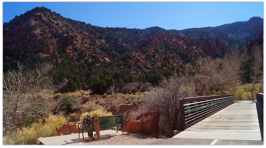 foot bridge to get to coal creek trail with red rock backdrop