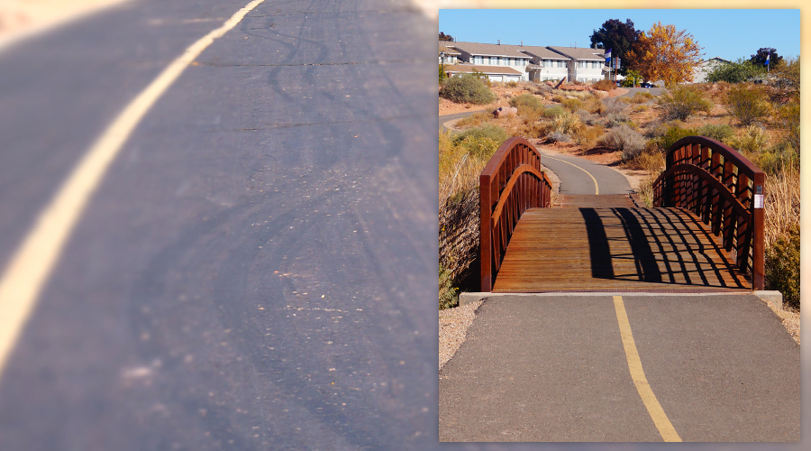 paved trail and wooden bridge