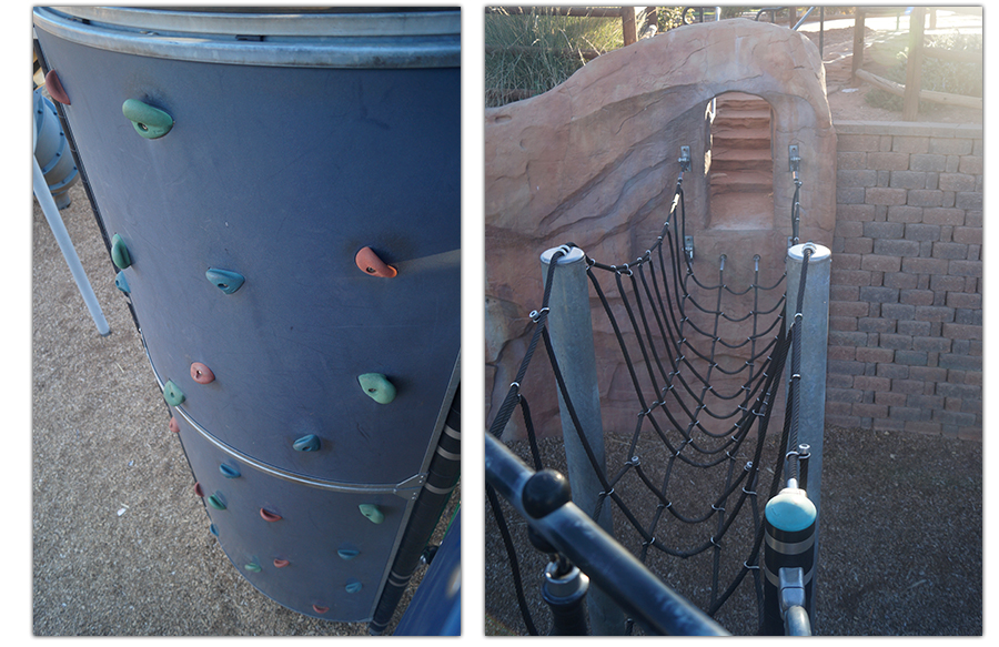 rock climbing and rope bridge at cottonwood cove park