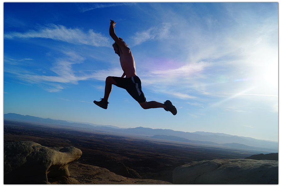 jumping over rocks near calcite mine