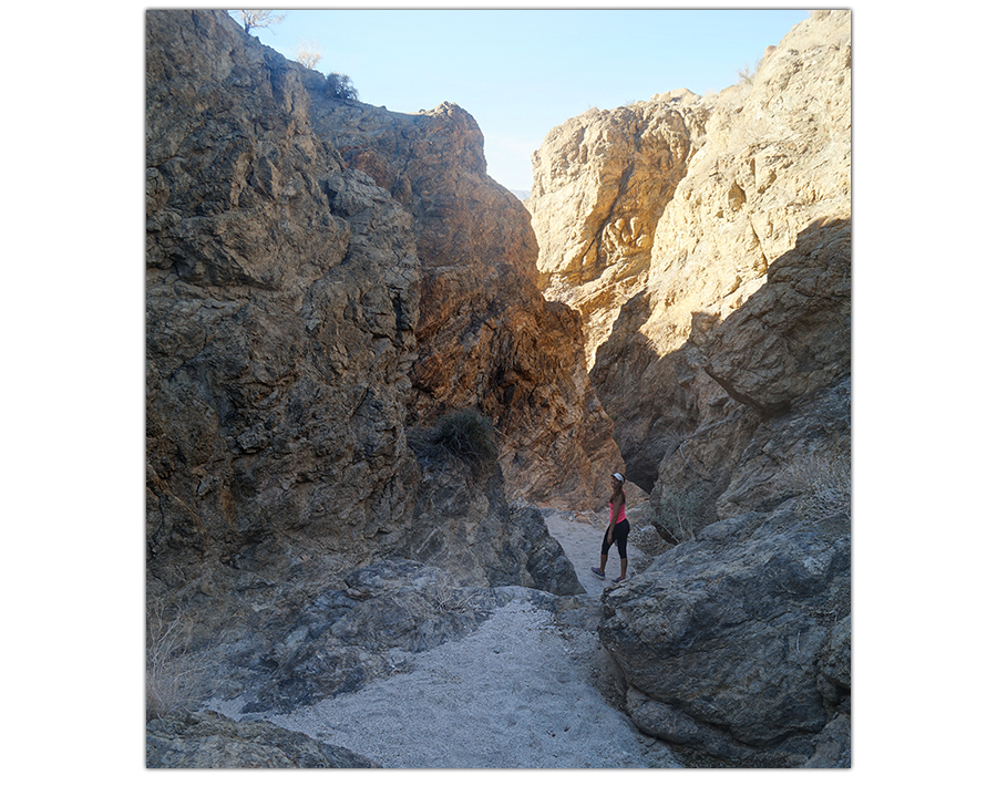 walking through a desert canyon