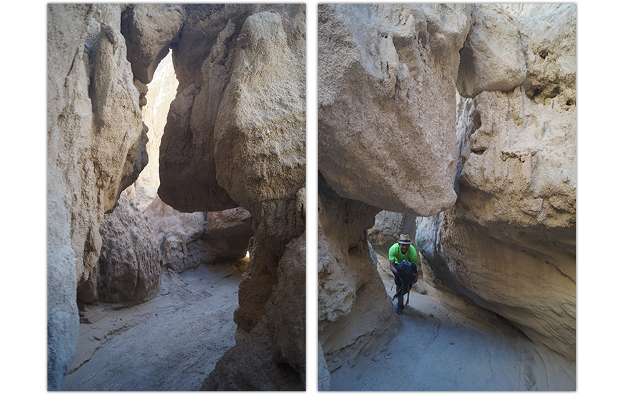 hiker ducking through the mud arch formation