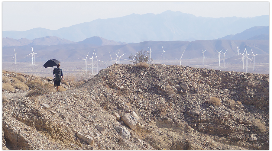hiker with an umbrella among the windmills