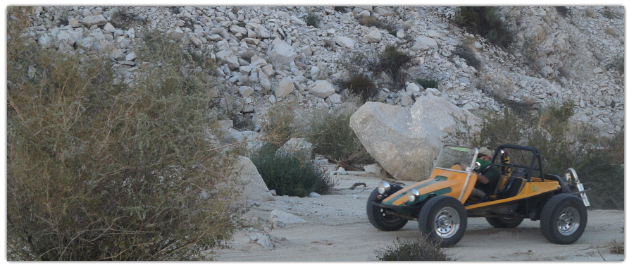Exploring Anza Borrego canyons by driving a buggy on a sandy wash
