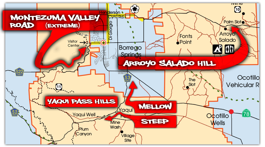 Map of longboarding runs in Anza Borrego State Park