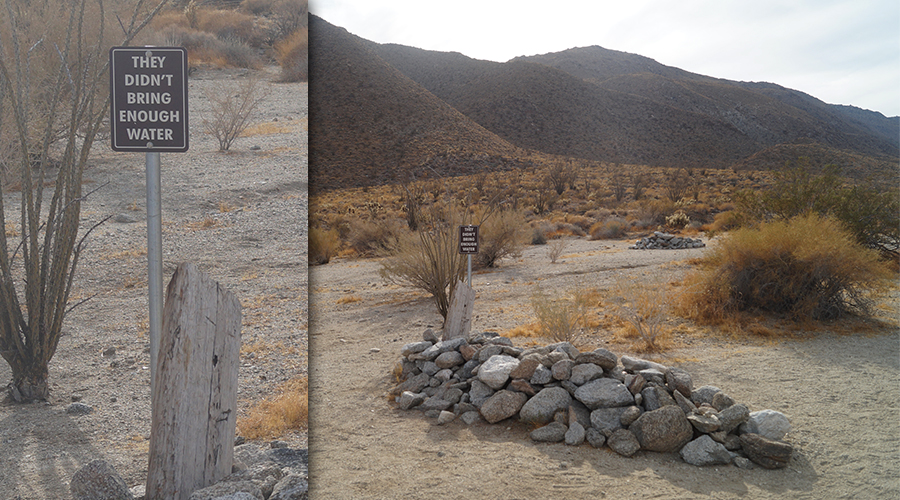 A hypothetical grave site with a warning sign "They didn't bring enough water"