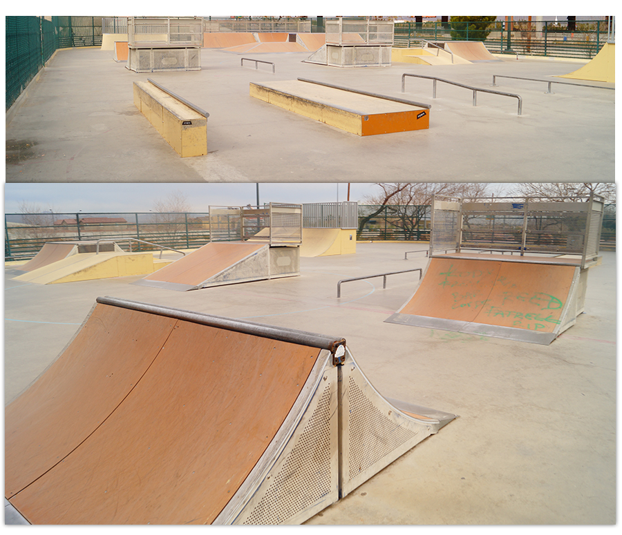 Ramps, ledges and rails on the large street area of the skatepark
