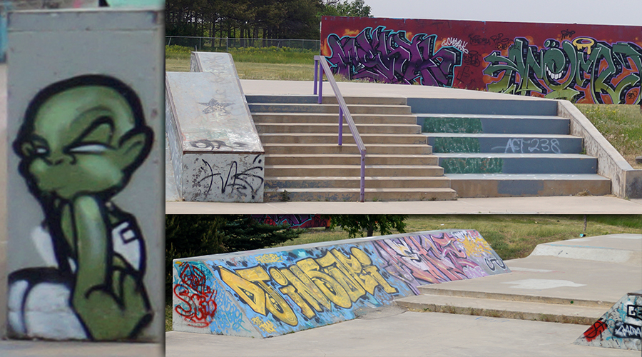 Interesting graffiti art on the obstacles at the Cheyenne Skatepark