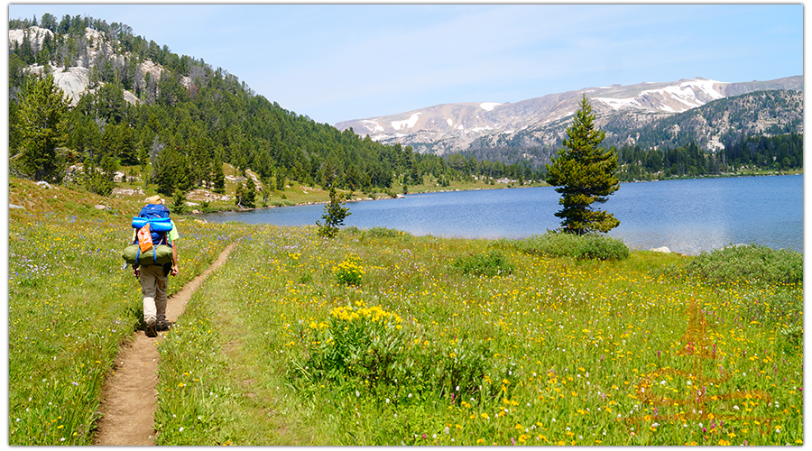 backpacking by island lake on  beartooth high lakes trail