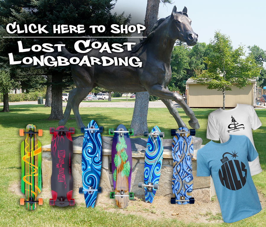 hand crafted one of a kind Lost Coast Longboarding boards and shirts