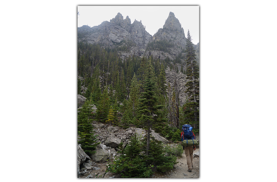 backpacker in rugged granite wooded area