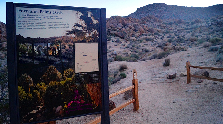 fortynine palms oasis hike information sign