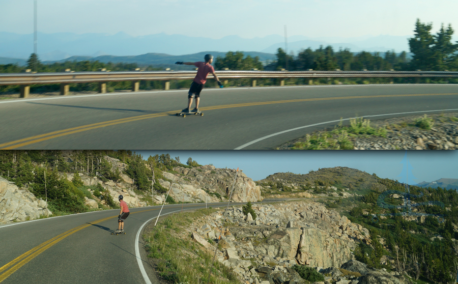 longboarder taking a curve on beartooth highway