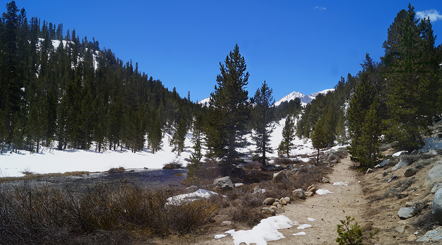 an area of little lakes valley with no snow on the trail