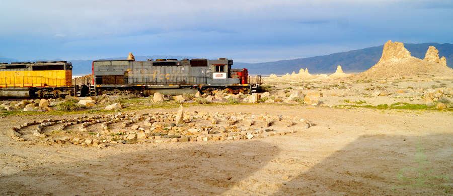 train passing by our camp spot at trona pinnacles