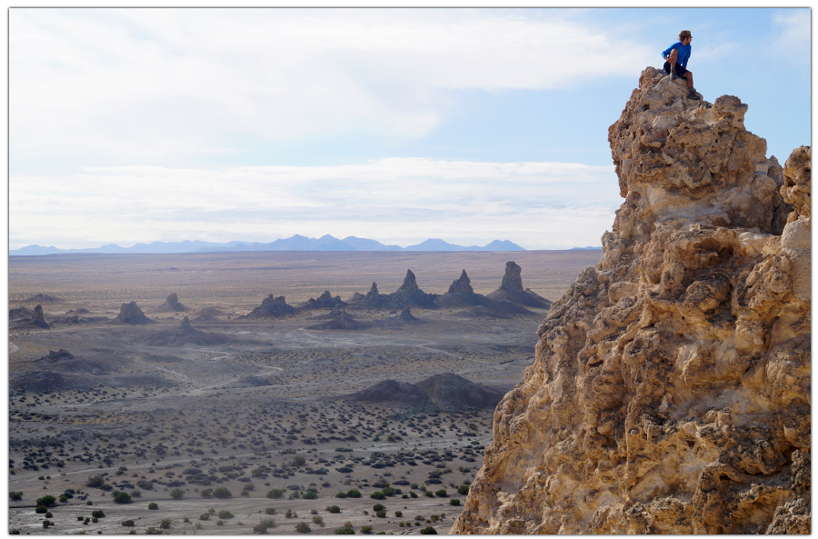 sitting at the top of a tufa overlooking trona pinnacles