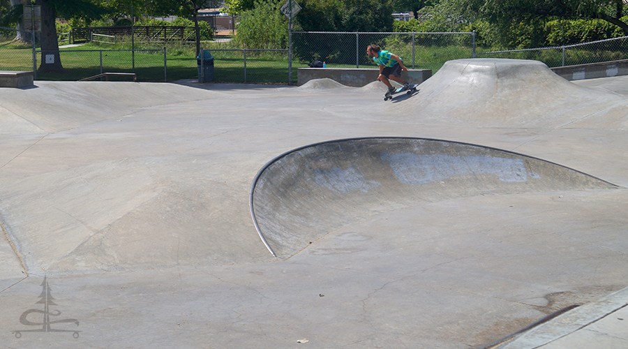 using the obstacles at the bishop skatepark to create speed