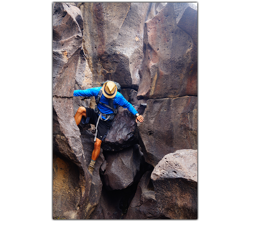 climbing down the lava rocks