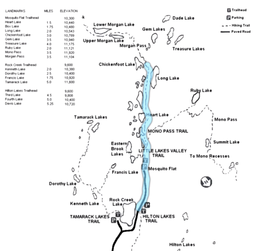 map of little lakes valley trail