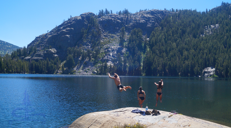 jumping in Shadow Lake while backpacking to ediza lake