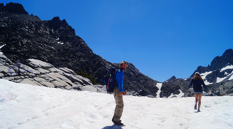 walking through the snow in the sierras