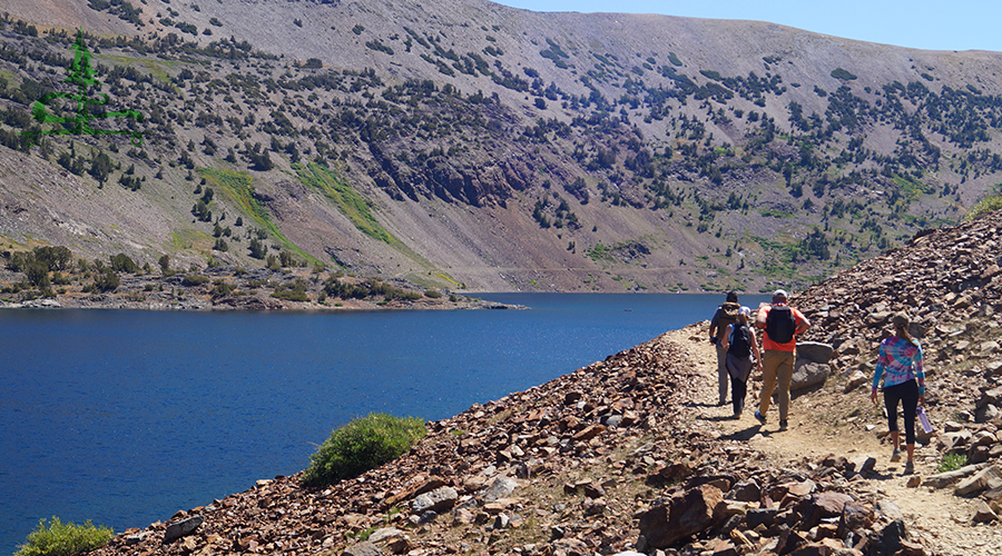 following the shore back to twenty lakes basin trailhead