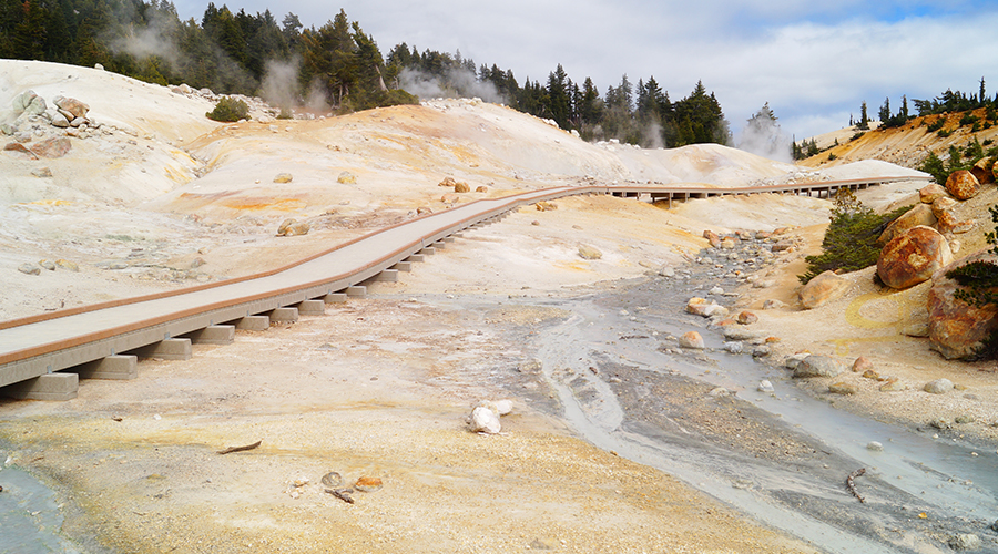 empty boardwalk at the fascinating bumpass hell volcanic feature