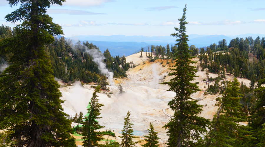 our first glimpse of bumpass hell through the trees