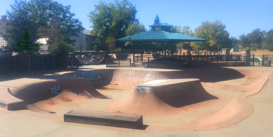 large main bowl and pavillion at the skatepark in Oroville