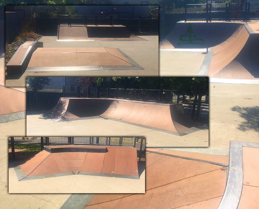 street section with ramps and boxes at the skatepark in Oroville