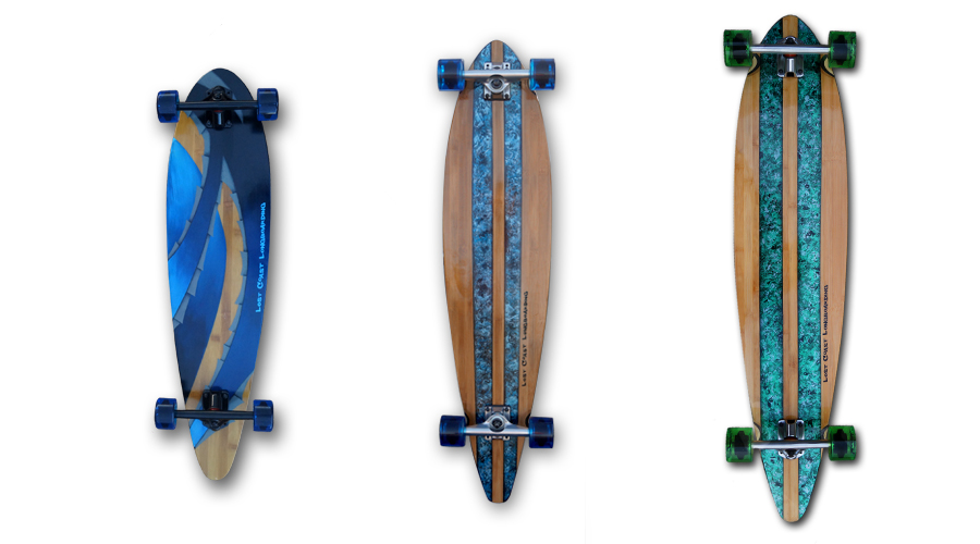 various sizes of the pintail longboard shape