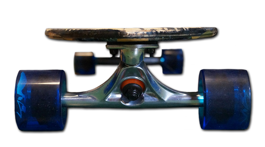 trucks mounted on a pintail longboard