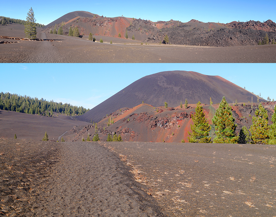 walking on a cinder trail to summit the cinder cone
