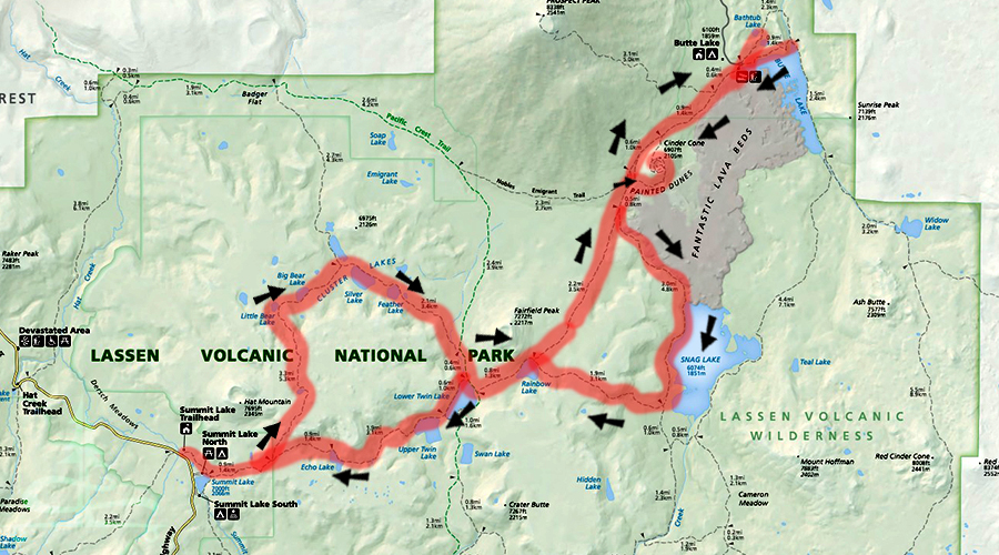 map of our backpacking lassen volcanic national park route