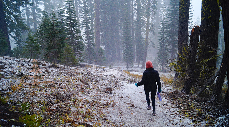 snow began accumulating on our way down from ridge lakes