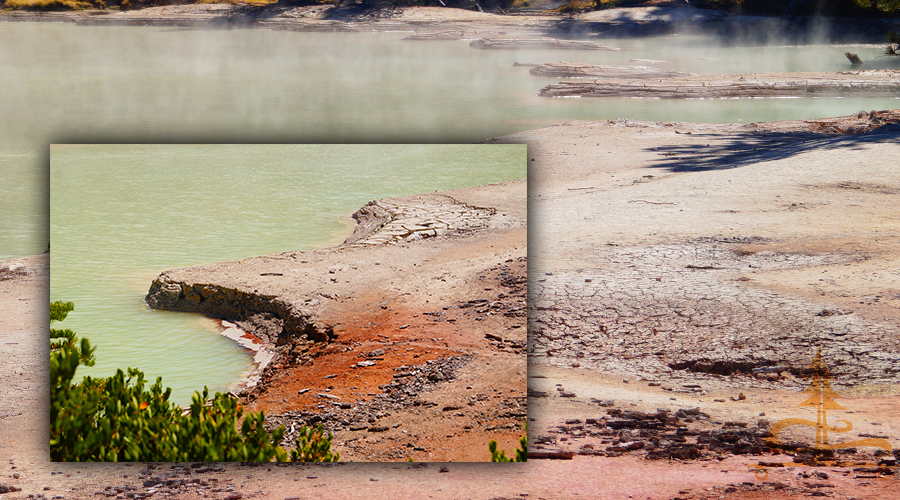 cool thick mud-like shore of boiling springs lake