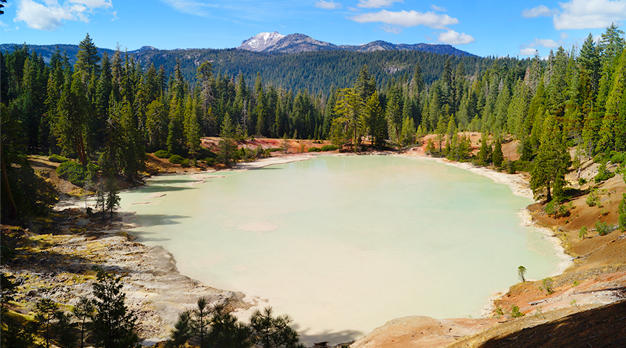 unique boiling spring lake and view of lassen peak