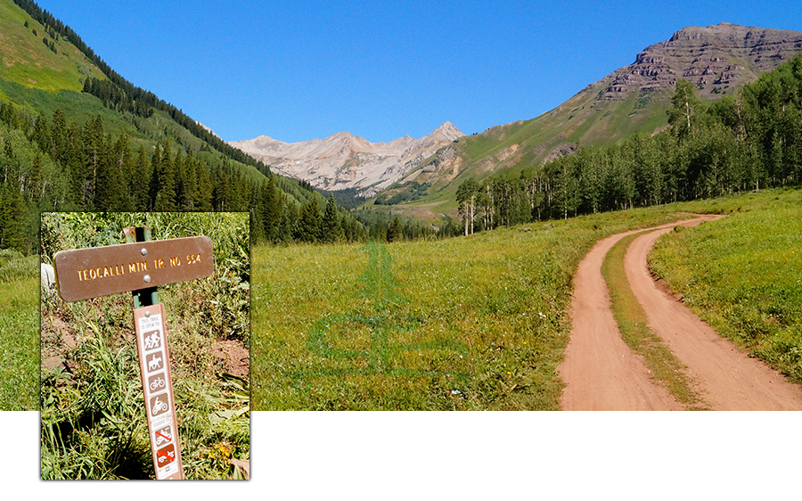 walk along the dirt road to teocalli mountain trail sign