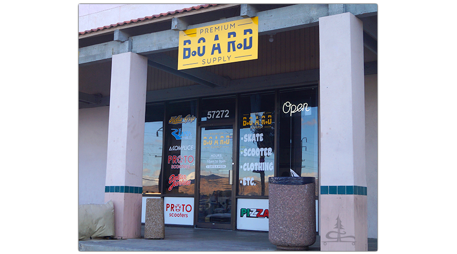 entrance to premium board supply skate shop in yucca valley