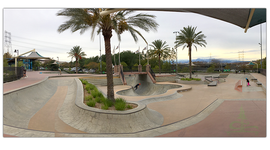 layout of santa clarita skatepark including bridge, main bowl and a snake run